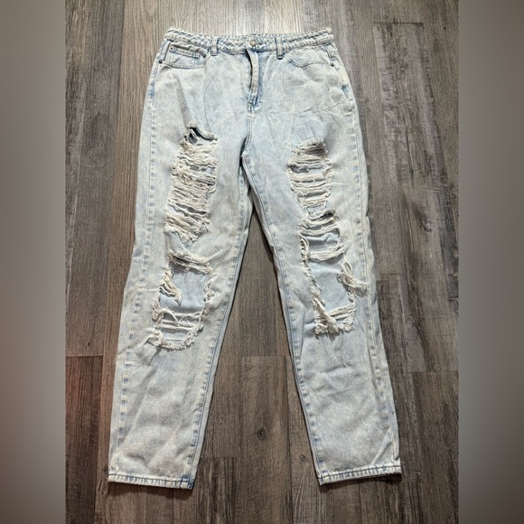Denim - Trendy Riot High Rise Mom Jeans Light Wash Distressed Denim, Ripped Boyfriend